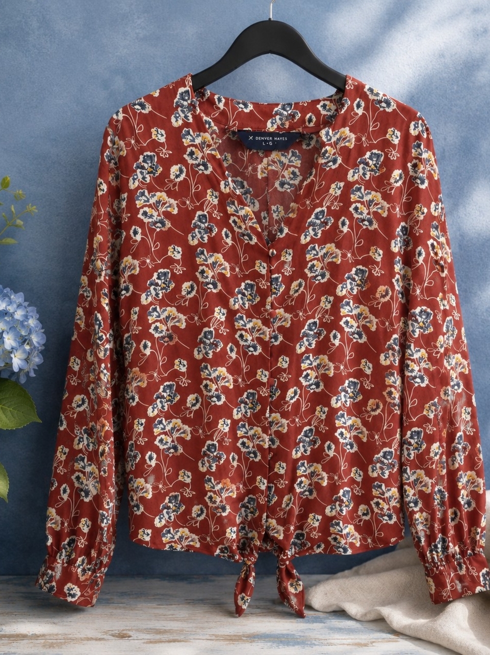 Denver Hayes Floral Tie Front Blouse Large Rust Viscose Modal Long Sleeve